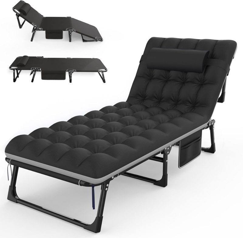 Camping Cot 5+2 Positions Adjustable Reclining Folding Camping Cot Sleeping Bed Cots for Adults Outdoor Portable Chaise Lounge Chair W/Carry Bag Pillow Cushion for Home Nap Beach Travel
