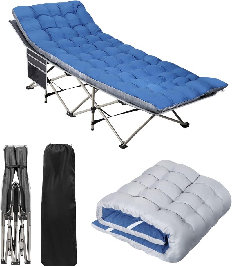 Portable Camping Cot with Mattress - Outdoor Folding Heavy Duty Sleeping Bed with Side Pocket for Adults - Oxford Single Lounge Chaise for Camping Tent Beach Office Max Load 300 LBS (Grey)