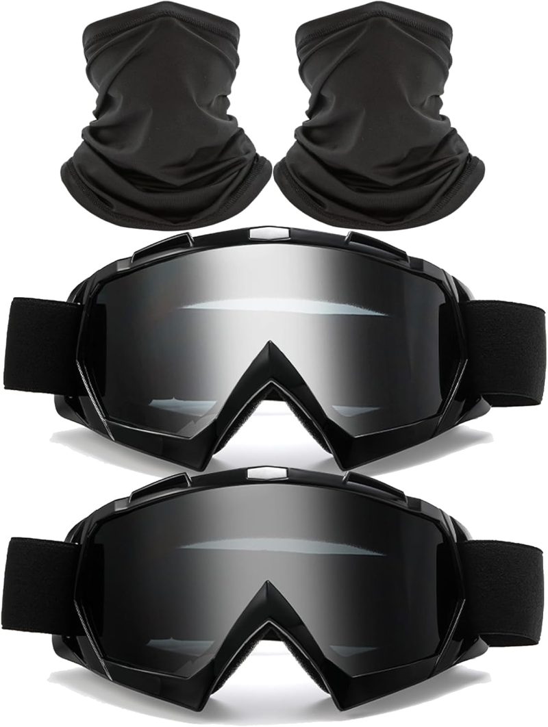2 Motocross Goggles with Neck Gaiter Dirt Bike  Racing Ski Motorcycle Goggles Cycling Glasses for Outdoor Sport, Black Frame Clear-Smoke Lenses