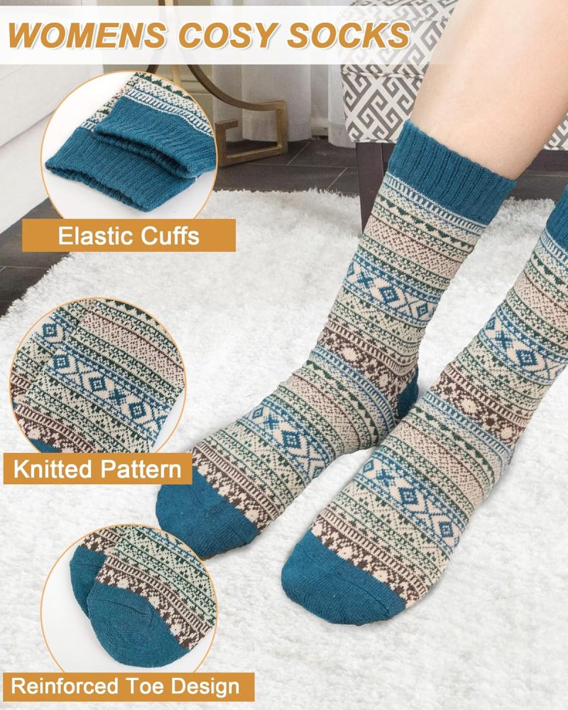 5 Pack Womens Wool Socks, Stocking Stuffers Gifts for Women Men Knit Warm Soft Crew Boot Sock for Winter Hiking - Image 2
