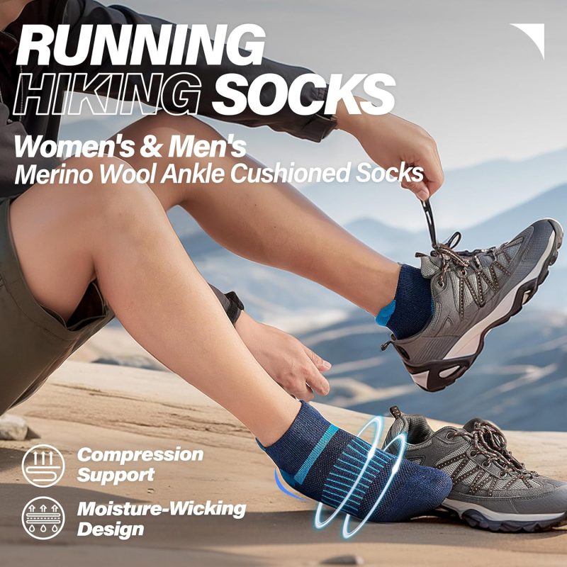 6 Pairs Merino Wool Ankle Running Hiking Socks Compression Support Breathable Thick Cushion No Show Socks for Women Men - Image 2