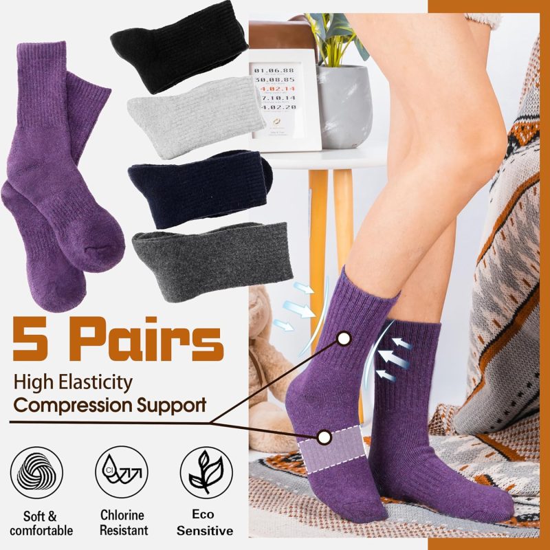 5 Pack Merino Wool Hiking Socks for Women Warm Winter Thick Thermal Cozy Boot Work Soft Ladies Socks - Image 2