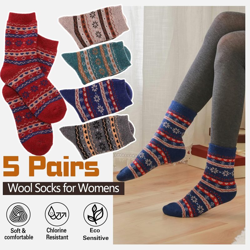 5 Pack Merino Wool Hiking Socks for Women Warm Winter Thick Thermal Cozy Boot Work Soft Ladies Socks - Image 2